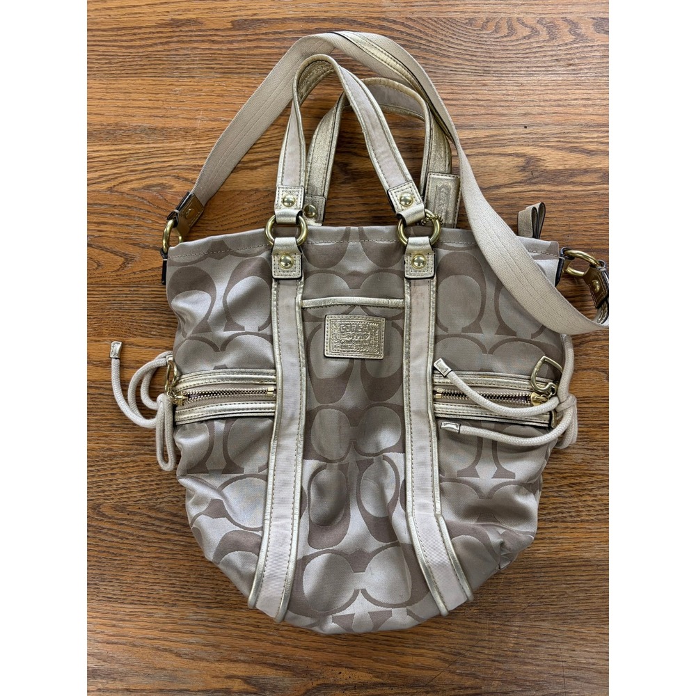 Coach Poppy Signature Sateen Metallic Tote Bag Gold Khaki F20101
